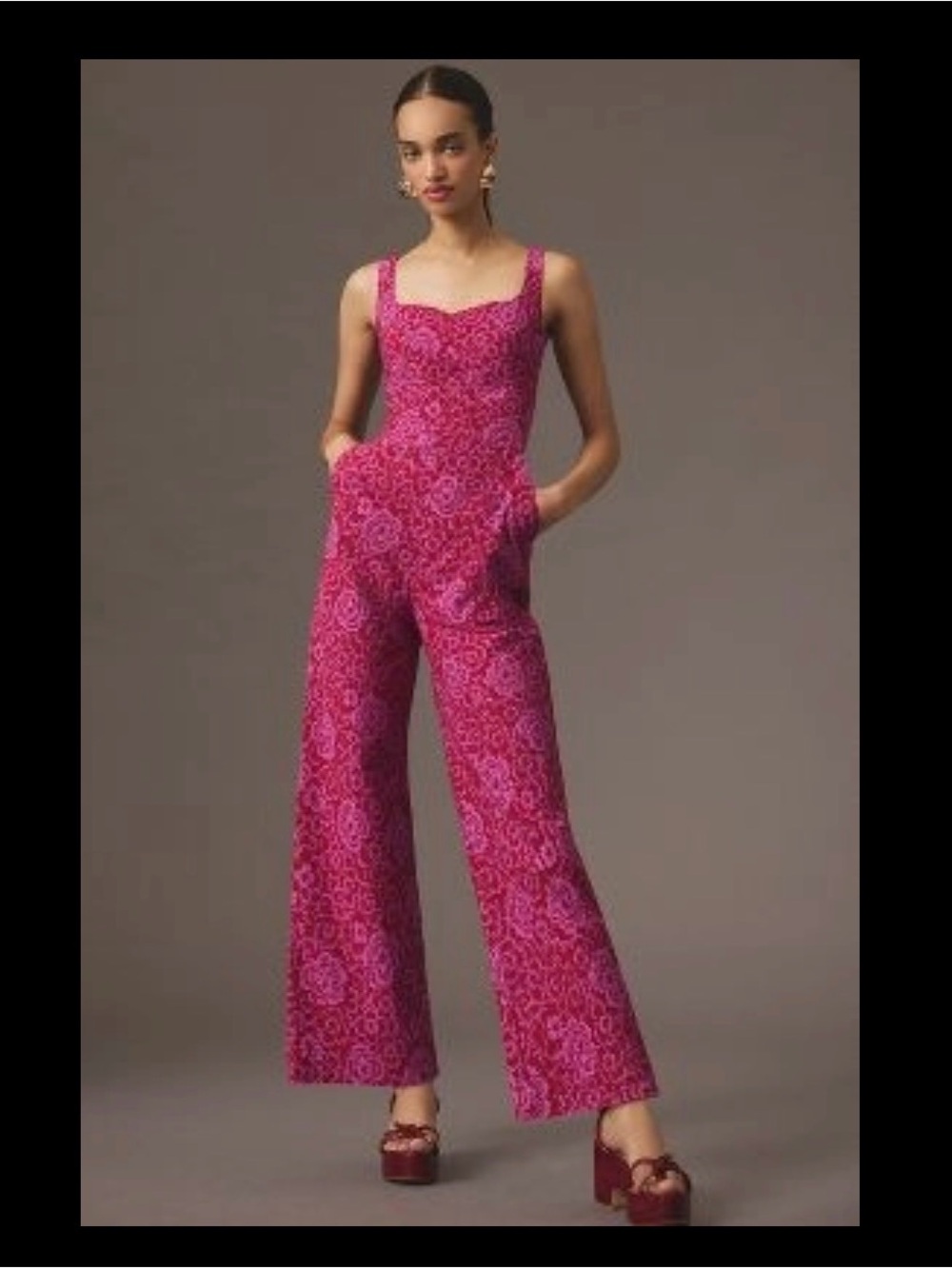 Mauve Hot Pink Floral Jacquard Wide-Leg Jumpsuit